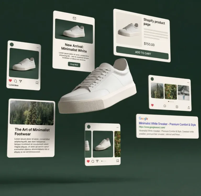 Fiche produit e-commerce optimisée : sneaker blanche déclinée sur Shopify, Instagram, blog SEO et Google Shopping