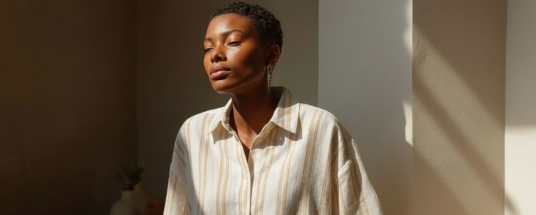 Mannequin virtuel Asphalte : femme en chemise beige, visuel créé sans shooting photo