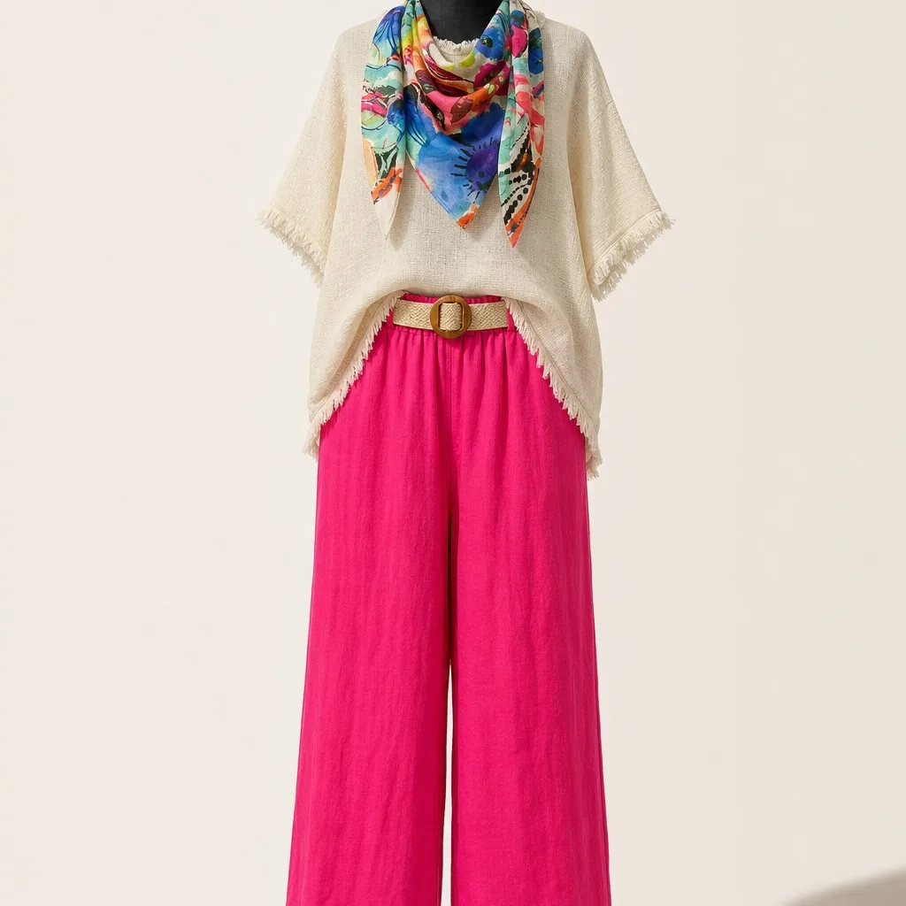 Buste couture La Cabane des Filles : blouse écrue à franges, foulard imprimé et pantalon large fuchsia