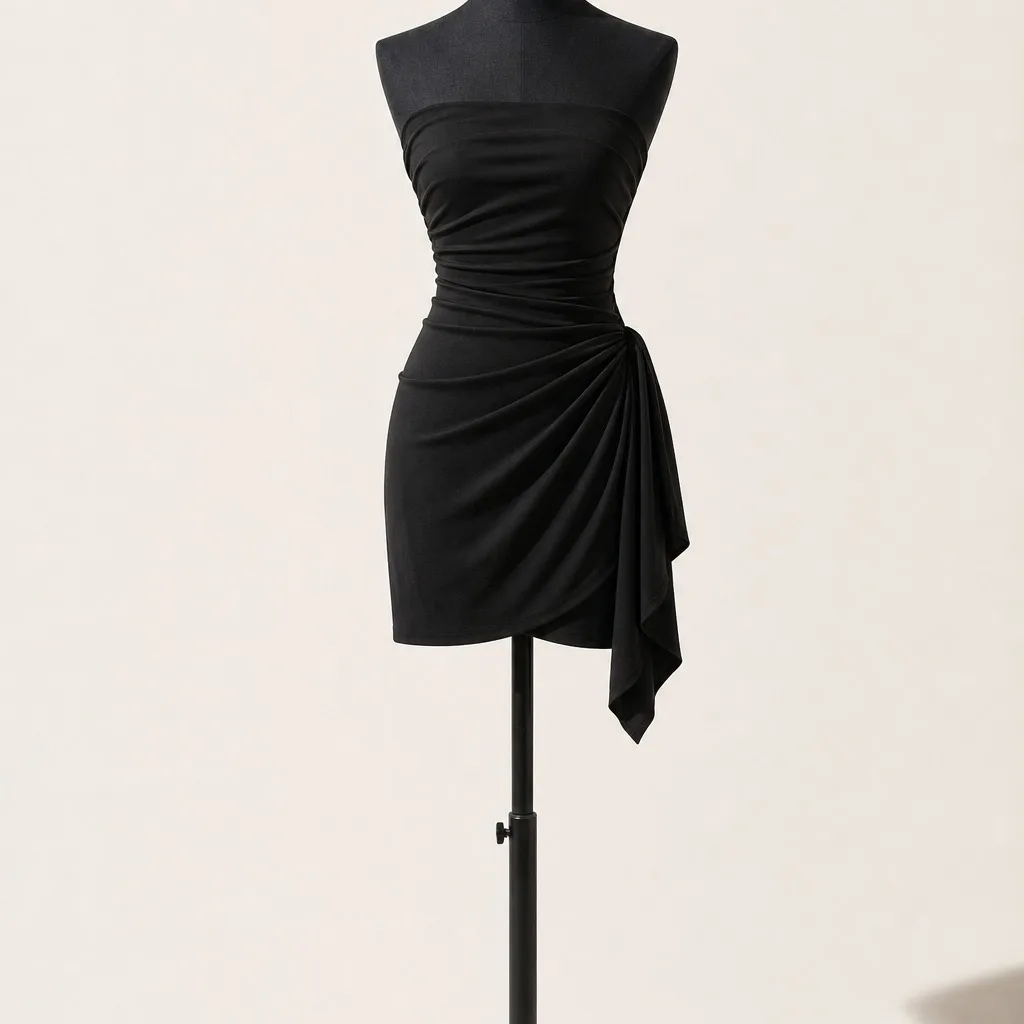 Buste couture La Cabane des Filles : robe noire courte drapée