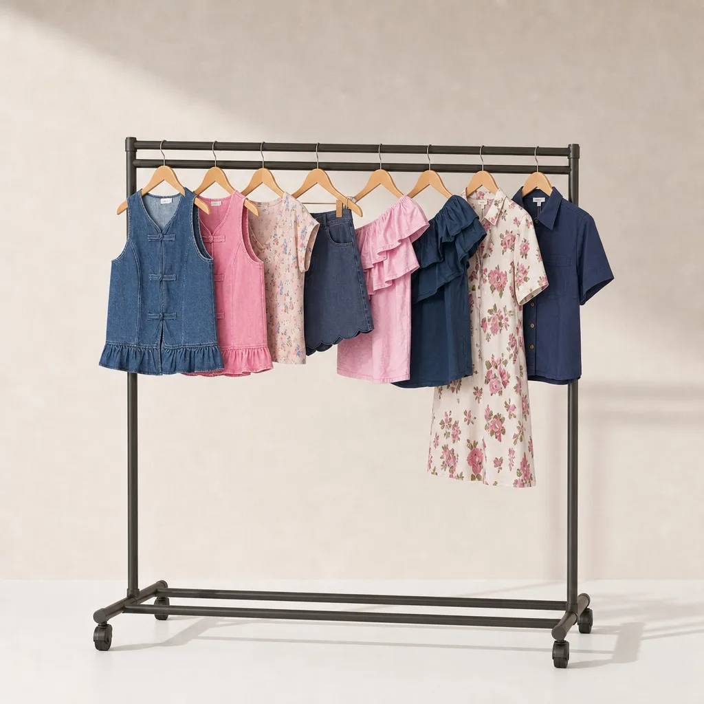 Portant La Cabane des Filles : gilet en jean, tops roses, robe fleurie et chemise bleu marine