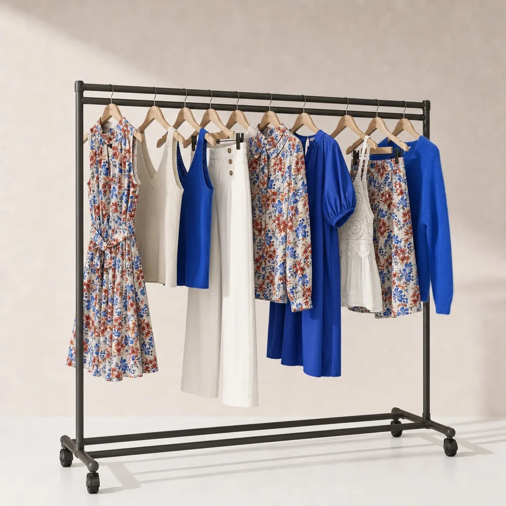 Portant La Cabane des Filles : robe fleurie, débardeur bleu cobalt, pantalon blanc et pull bleu