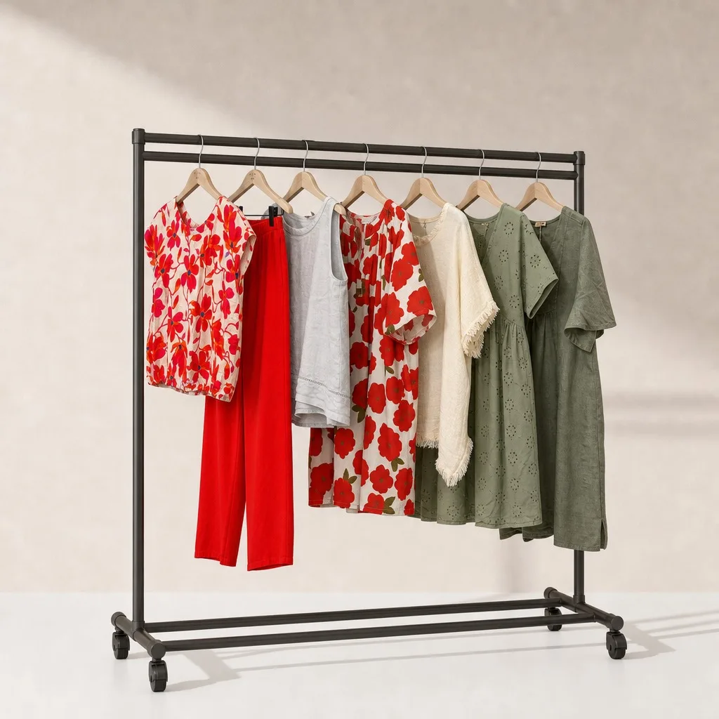 Portant de vitrine La Cabane des Filles : blouse fleurie rouge, pantalon rouge, tops écrus et robe kaki sur cintres en bois