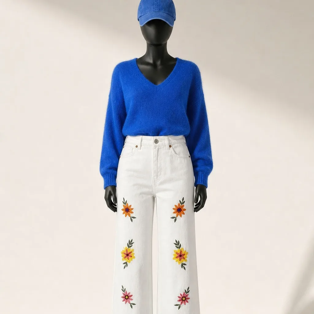 Mannequin de vitrine La Cabane des Filles : casquette bleue, pull bleu roi et jean blanc brodé de fleurs