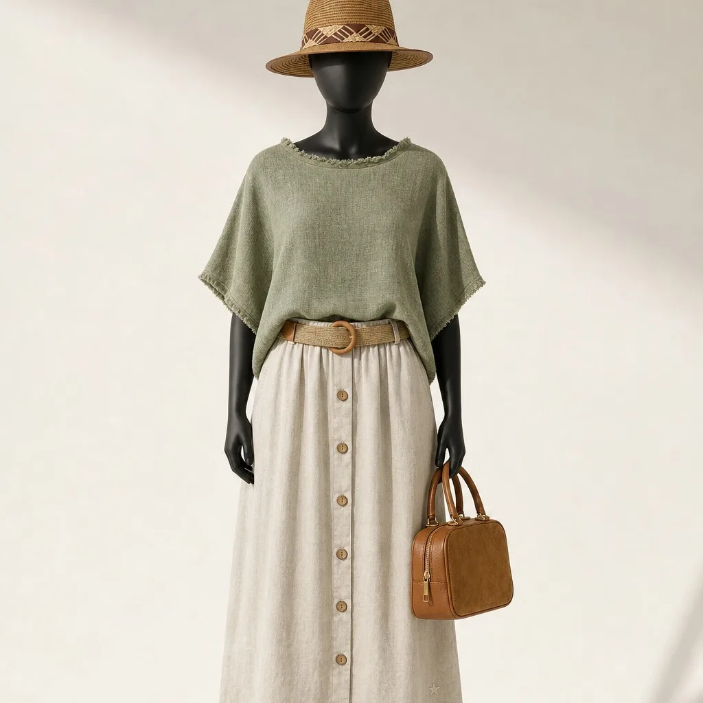 Mannequin de vitrine La Cabane des Filles : chapeau de paille, top kaki, jupe boutonnée en lin et sac en cuir