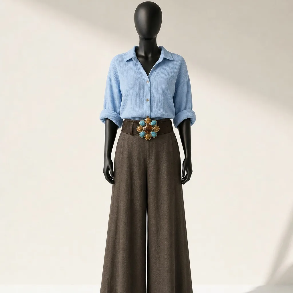 Mannequin de vitrine La Cabane des Filles : chemise bleu ciel, ceinture ornée et pantalon large brun
