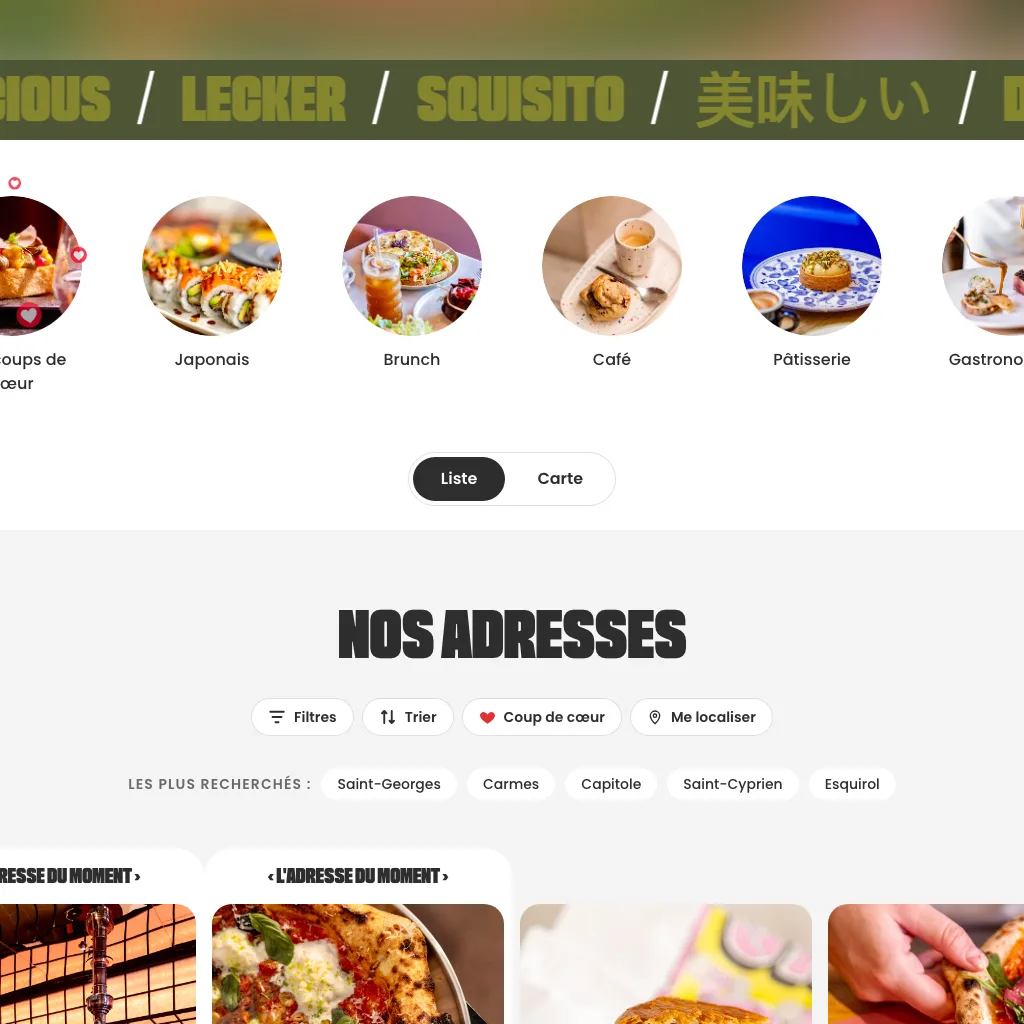 Categories du Graille Club : coups de coeur, japonais, brunch, cafe, patisserie, gastronomique, et la bascule liste ou carte