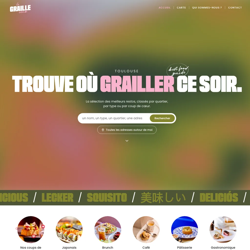 Accueil du Graille Club sur ordinateur : titre Trouve ou grailler ce soir, recherche par nom, type ou quartier