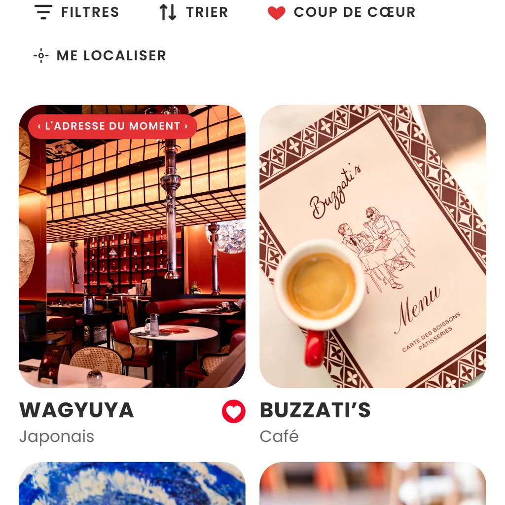 Liste des adresses du Graille Club sur telephone : filtres, tri, coup de coeur et fiches Wagyuya et Buzzati's