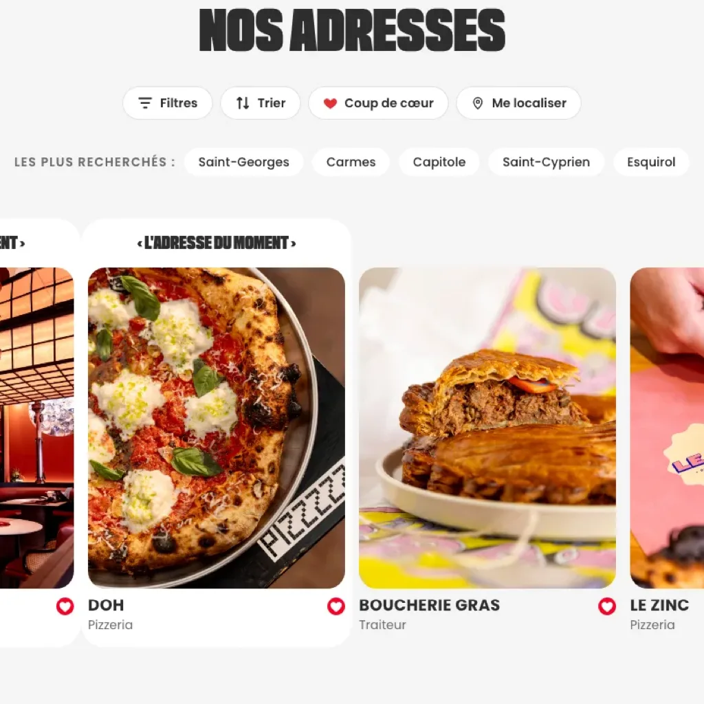 Section Nos adresses du Graille Club : filtres, tri, coups de coeur et quartiers les plus recherches de Toulouse