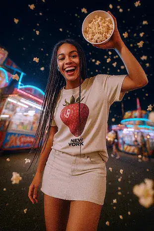 Mannequin virtuel IA : jeune femme aux tresses riant avec un seau de pop-corn, t-shirt fraise New York, fête foraine de nuit